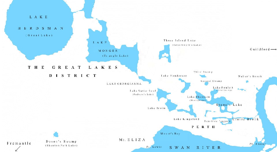 Map of the Perth Wetlands circa 1830, based on John Septimus Roe's map of 1834.